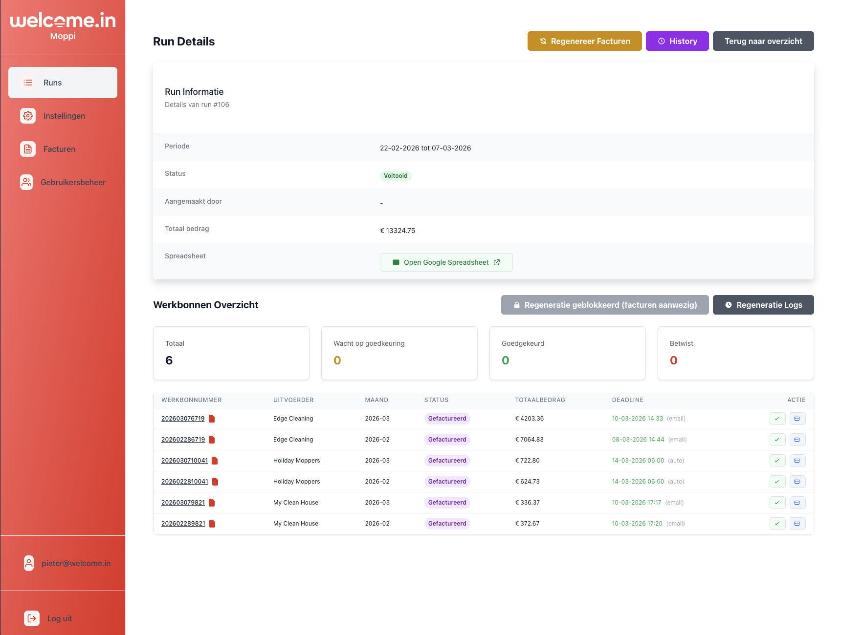 Run detail with work orders